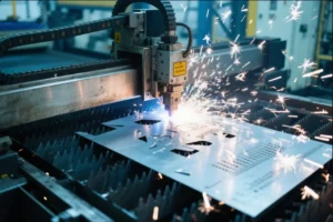 CNC laser cutting machine cutting sheet metal with sparks, creating precision cutouts for OEM metal fabrication parts.
