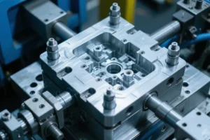 CNC-machined aluminum fixture block with precision cavity, threaded holes, and clamping bolts on an industrial machining setup.