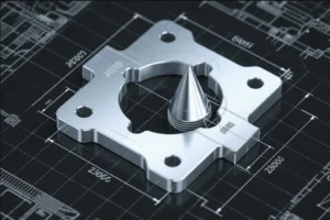 CNC-machined aluminum plate with a turned conical insert placed on an engineering blueprint for OEM part design review.