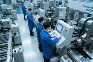 CNC machining operators monitoring automated production line and control panels in a precision manufacturing workshop.