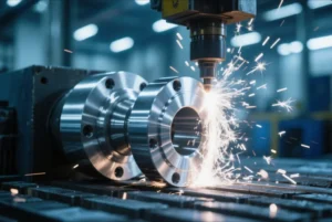 CNC machining tool cutting a metal flange with sparks, showing precision manufacturing of OEM industrial components and tight-tolerance parts.