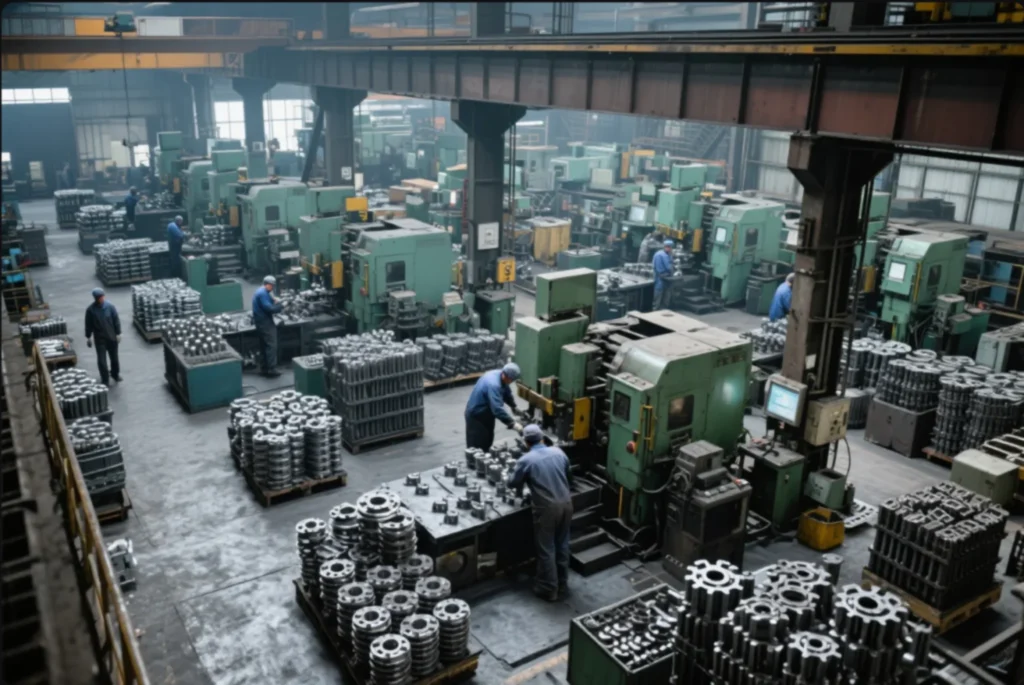 CNC machining workshop with multiple machines and workers producing OEM metal parts, with finished components stacked on pallets across the production floor.