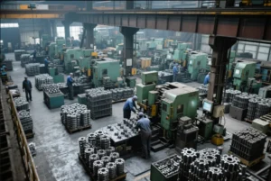 CNC machining workshop with multiple machines and workers producing OEM metal parts, with finished components stacked on pallets across the production floor.