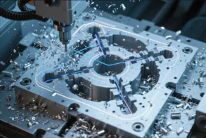 Close-up of CNC milling cutting a precision metal part, with machining chips and toolpath details during OEM manufacturing.