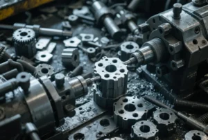CNC turning setup with lathe chucks and precision machined metal parts surrounded by metal chips in a production machining environment.