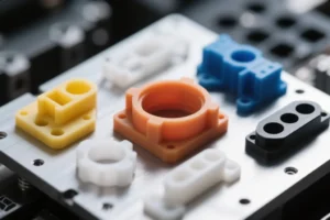 Custom CNC-machined plastic prototype parts in multiple colors on a metal fixture plate, showing precision OEM component samples.