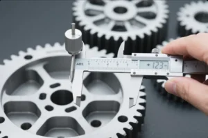 Digital caliper measuring the thickness of a precision CNC-machined metal gear, showing dimensional inspection for OEM quality control.