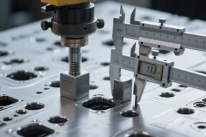 Digital calipers measuring a precision CNC-machined metal plate with gauge blocks during dimensional inspection.