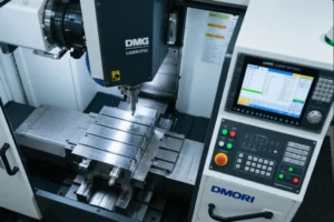 DMG MORI CNC milling machine with control panel and precision workholding setup inside a machining center for OEM metal parts production.
