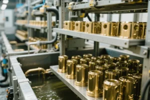 Electroplating line with gold-colored metal components on racks, showing surface finishing for OEM parts and corrosion protection.