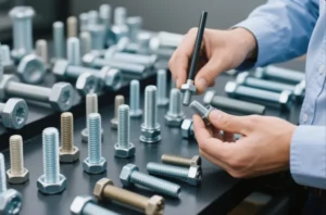 Engineer inspecting metal bolts and nuts on a workbench, checking thread fit and dimensions for OEM industrial fasteners and custom hardware parts.