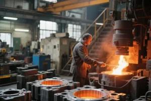 Foundry worker pouring molten metal into casting molds inside an industrial metal casting workshop.