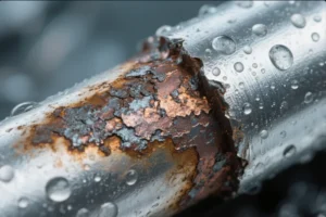 Close-up of galvanic corrosion on aluminum-to-steel joint with rust and water droplets, showing surface damage from dissimilar metal contact.