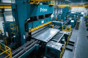 Heavy-duty metal stamping press with automated sheet metal feeding line inside a modern industrial manufacturing workshop.
