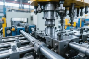 Close-up of a high-precision metal stamping press with die tooling and guide rails, used for OEM sheet metal forming and high-volume production.