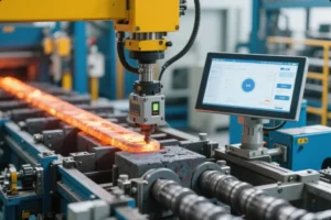 Automated hot forging line measuring a heated steel bar during induction heating, with inline sensor and process monitoring screen.