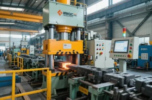 Industrial hydraulic forging press forming a heated steel billet on an automated production line inside a modern factory.