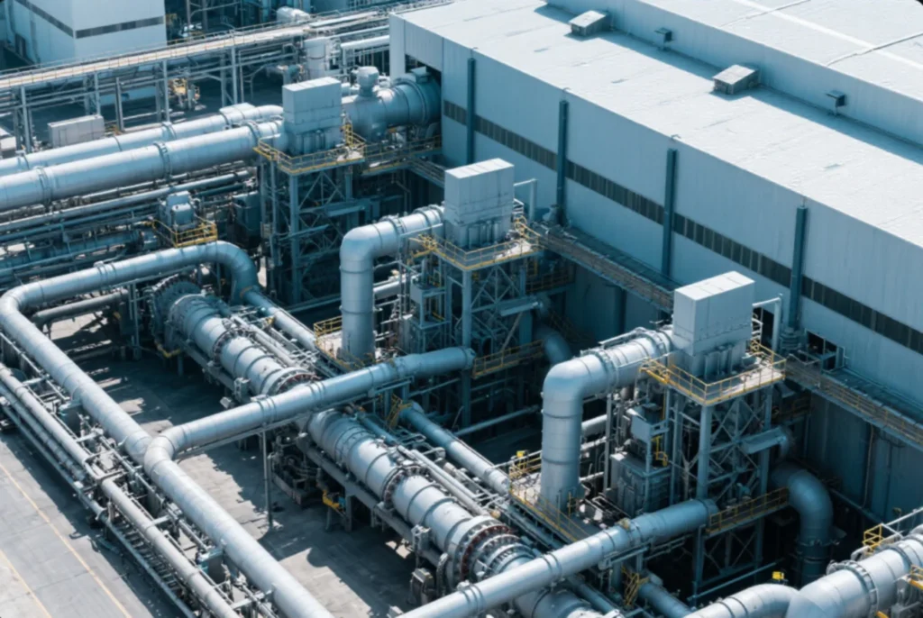 Aerial view of an industrial plant with large piping systems, process equipment, and steel structures for energy and manufacturing operations.