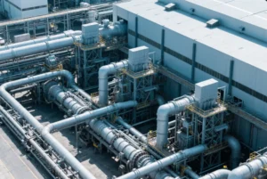 Aerial view of an industrial plant with large piping systems, process equipment, and steel structures for energy and manufacturing operations.