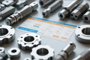 ISO 9001 certification document displayed among precision machined metal parts, highlighting quality control for OEM CNC components and industrial hardware.