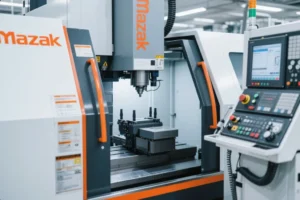 Mazak CNC machining center with milling spindle, workholding fixture, and operator control panel in a precision OEM parts workshop.