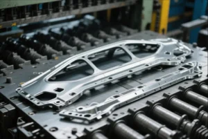 Sheet metal stamped frame component on a stamping die, showing a precision-formed OEM part for automotive and industrial assemblies.