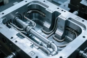 Close-up of a precision tool steel mold insert with integrated cooling channels and machined cavity surfaces for custom mold manufacturing.
