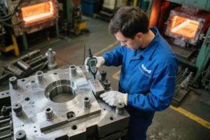 Technician measuring hardness on a steel mold block with a portable tester, verifying quality control in an industrial tooling workshop.