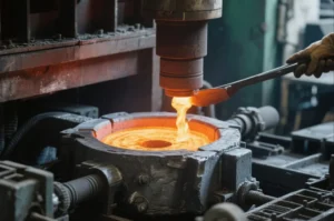 Molten metal pouring into a casting mold in a foundry, showing controlled high-temperature metal casting for OEM industrial parts.