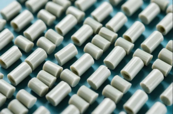 A close-up view of small cylindrical plastic spacers/bushings laid out in uniform rows, highlighting clean edges and consistent sizing for OEM component production and quality inspection.
