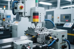 Precision CNC machine spindle machining a metal workholding fixture on a linear slide, showing automated tooling setup for OEM metal parts production.