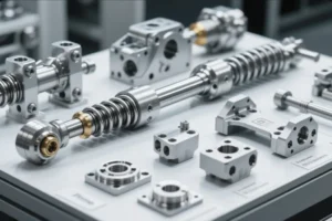 Precision CNC machined linear motion components including shafts, springs, bearing blocks, and aluminum brackets arranged for OEM assembly.