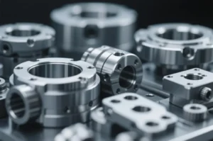 Close-up of precision CNC-machined metal components with bored holes and tight-tolerance surfaces for OEM industrial assemblies.