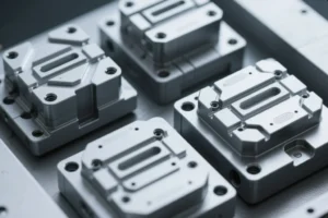 Precision CNC-machined mold inserts mounted on a fixture plate, showing multi-cavity tooling components for injection molding production.