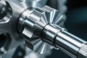 Close-up of a precision CNC turned metal shaft with a polished machined surface, showing tight tolerances and smooth edge details.