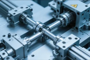Close-up of precision linear shafts and bearing blocks on industrial automation equipment, showing tight-tolerance CNC-machined metal components.