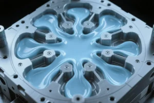 Precision machined metal mold cavity filled with blue liquid silicone, showing high-accuracy tooling and mold flow pattern for OEM manufacturing.