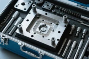 Precision machined mold tooling kit with a die set and interchangeable pins stored in a protective case for OEM production and maintenance.
