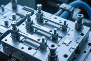 Precision mold and die fixture close-up with machined steel tooling, clamps, and guide components for high-accuracy manufacturing.