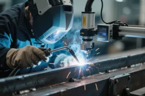 Welder performing robot-assisted MIG welding on a steel beam with an automated seam tracking sensor for precision fabrication.