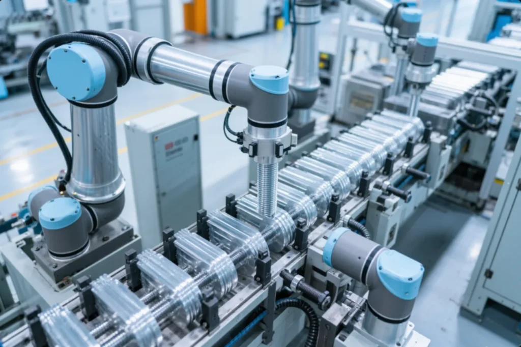 Robotic arms operating an automated CNC production line machining threaded metal shafts in a modern factory.