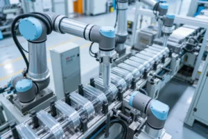 Robotic arms operating an automated CNC production line machining threaded metal shafts in a modern factory.