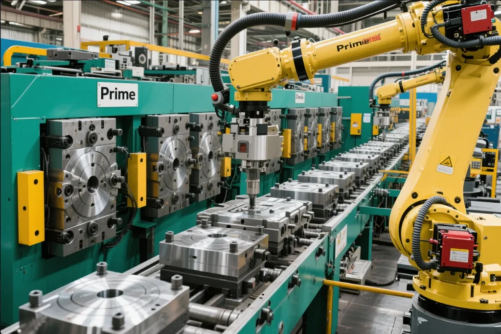 Robotic automation on a Prime metal stamping production line, with an industrial robot arm handling tooling and fixtures for OEM parts manufacturing.