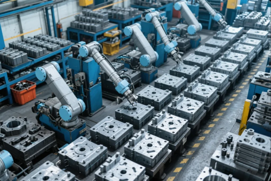 Robotic arms operating in an automated CNC machining cell with stacked metal fixtures and workpieces on the production floor.