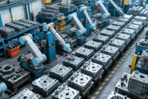 Robotic arms operating in an automated CNC machining cell with stacked metal fixtures and workpieces on the production floor.