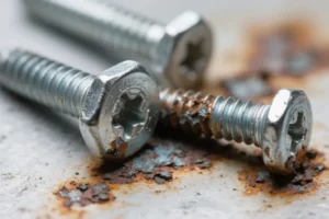 Rusted self-tapping screws on metal surface, showing fastener corrosion and oxidation damage.