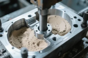 Sand casting mold compaction around a precision metal pattern in an industrial foundry setup.