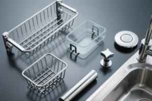 Stainless steel kitchen sink accessories including wire baskets, soap dish, drain cover, and polished hardware arranged on a countertop.