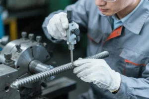 Technician inspecting a precision threaded shaft with a measuring tool, verifying thread quality for CNC machined OEM parts.