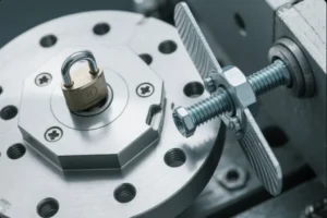 Close-up of a threaded bolt and nut clamping a metal fixture plate, showing industrial fastening and jig setup on precision equipment.